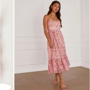 GARLAND FLORAL EMBROIDERED STRAPLESS MIDI DRESS - ROSE